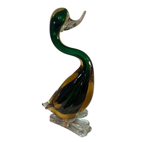 9” Handblown Murano Art Glass Vintage Green & Amber Duck Figurine - Picture 2 of 8